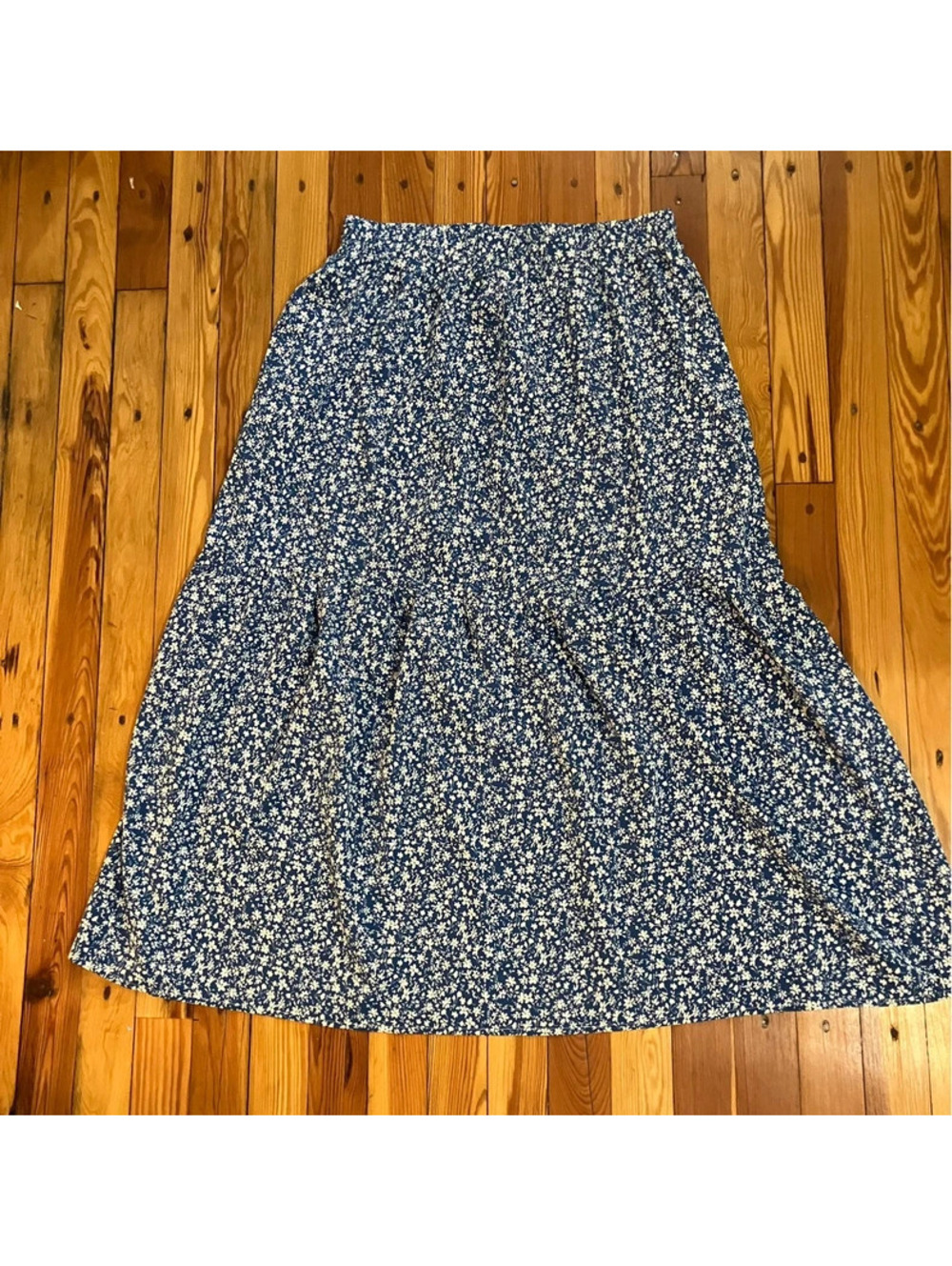 blue ditsy floral tiered maxi skirt cottagecore boho L